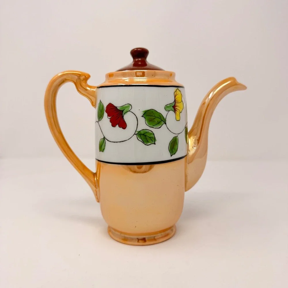Vintage Japanese Lusterware Teapot Peach Hand Painted Parrot‎ Floral Made Japan